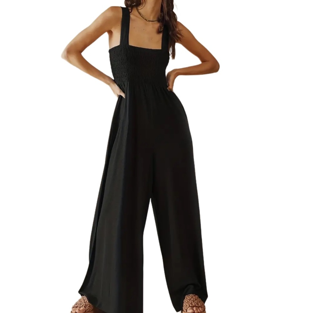 NEW Comfy All-Day Black Shirred Chiffon Bandeau Strap Jumpsuit Anthropologie